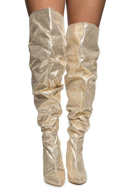 Bruched Embellishes Stilleto High Boot