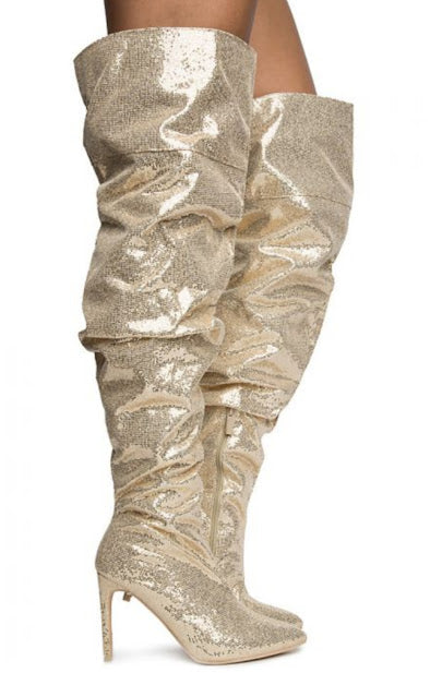 BRUNCHED RHINESTONE HIGH BOOTS