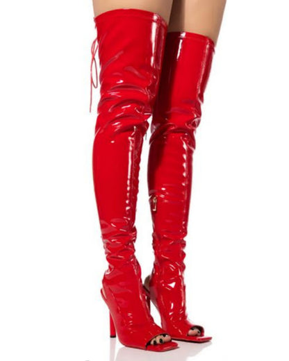 Faux Patent Open Back High Boot