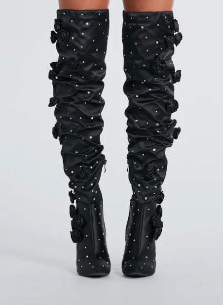 Dramatic Blooms Rosette Rhinestone Thigh-High Boots