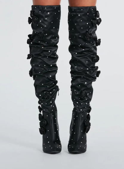 Dramatic Blooms Rosette Rhinestone Thigh-High Boots