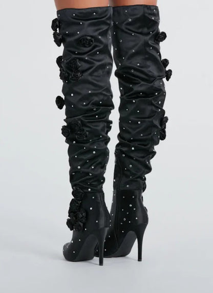 Dramatic Blooms Rosette Rhinestone Thigh-High Boots
