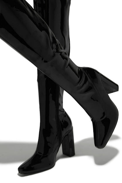 BLOCK FAUX PATENT HIGH BOOTS