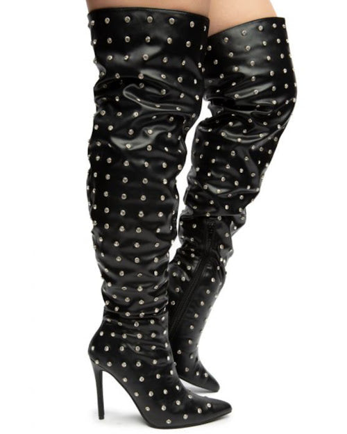 FAUX LEATHER RHINESTONE  BOOTS