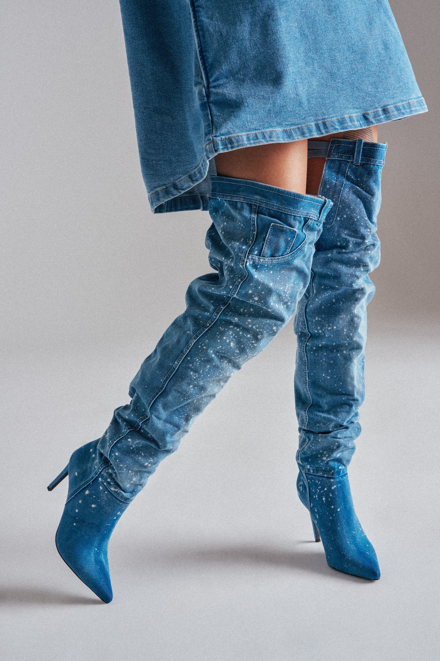 DENIM SPLAT PAINTED STILLETO BOOTS