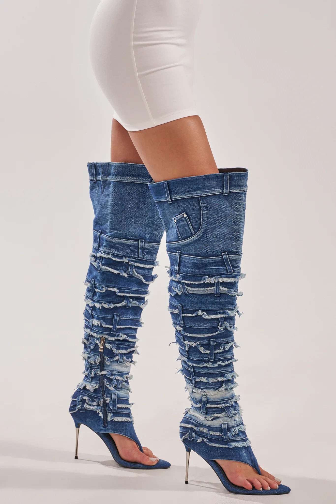 DENIM STILETTO OPEN TOE BOOT