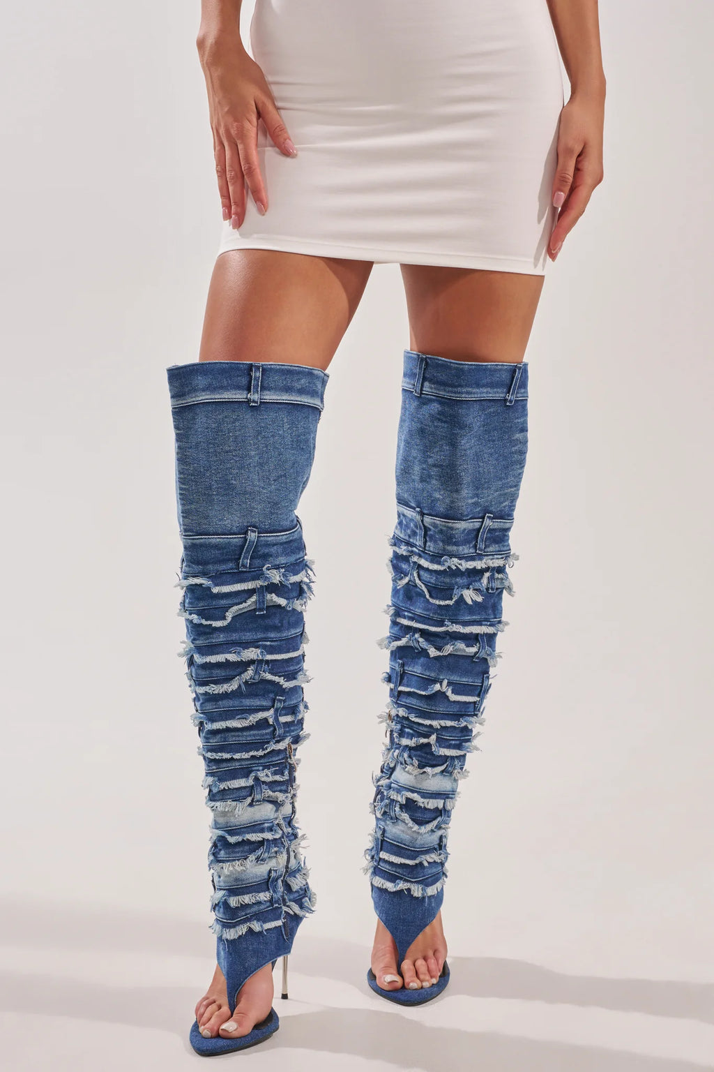 DENIM STILETTO OPEN TOE BOOT