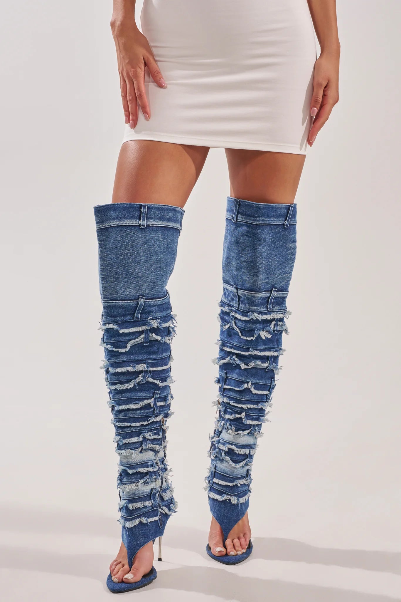 DENIM STILETTO OPEN TOE BOOT