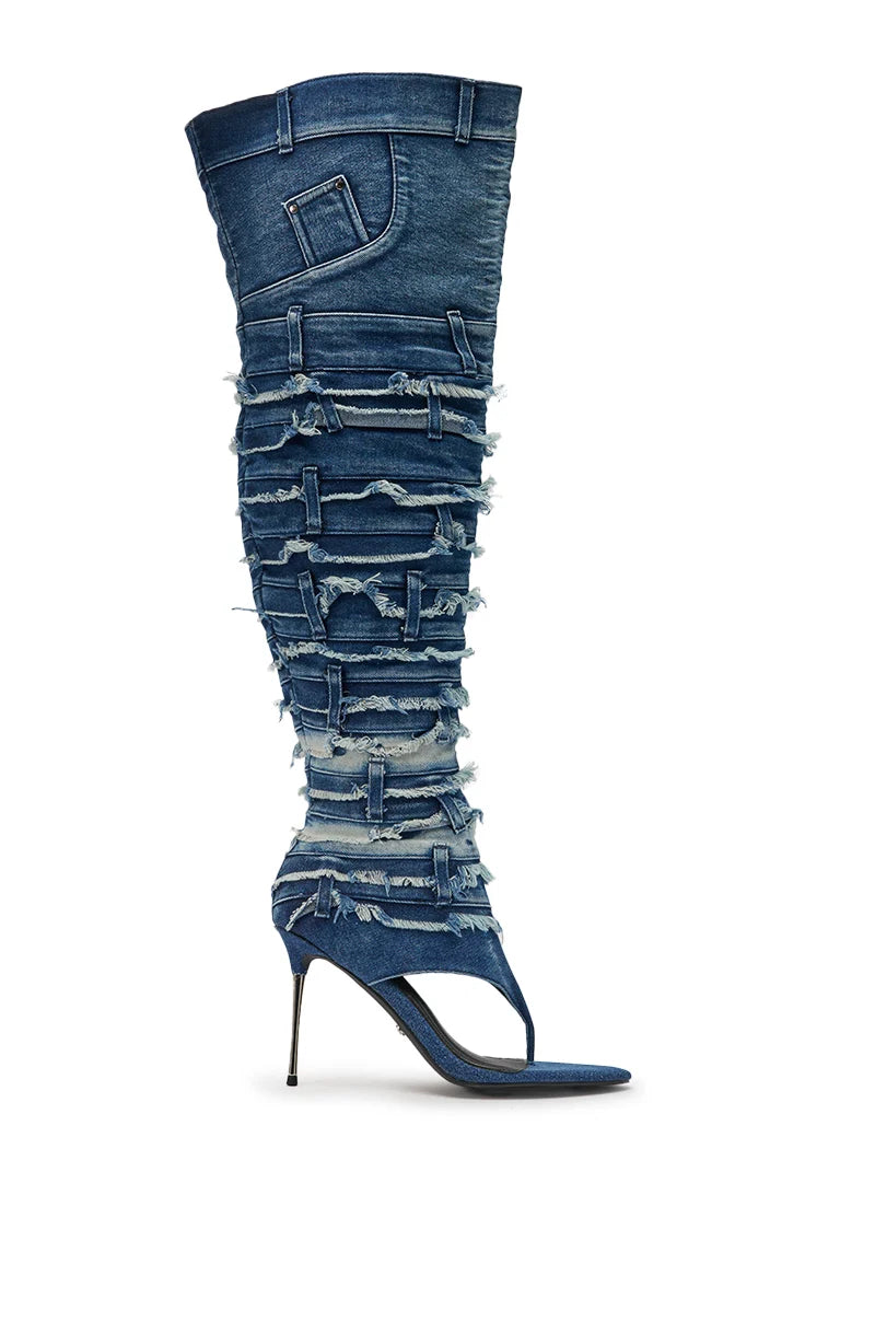 DENIM STILETTO OPEN TOE BOOT