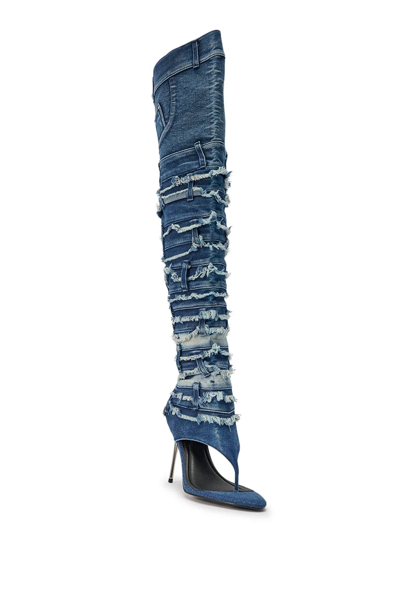 DENIM STILETTO OPEN TOE BOOT