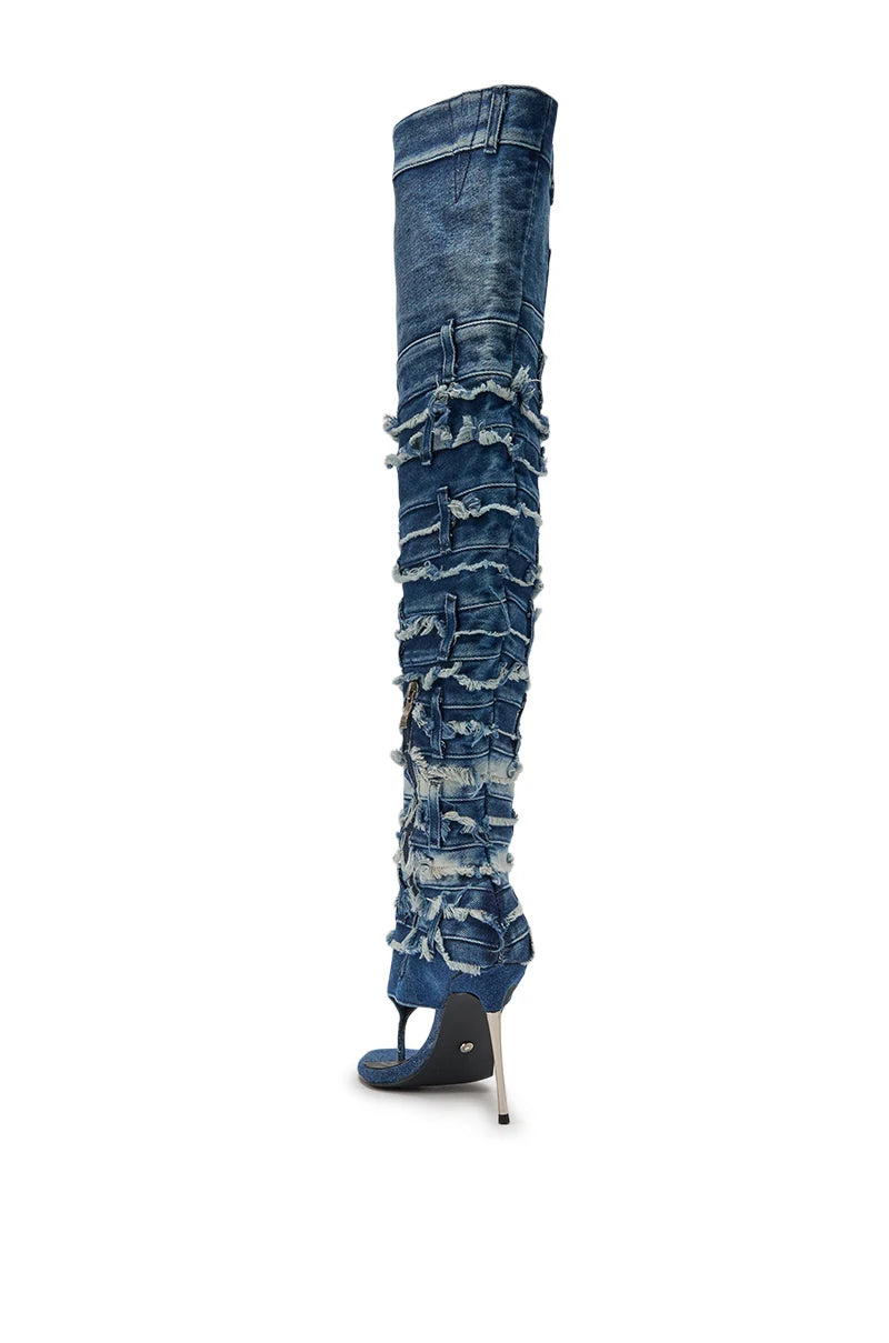 DENIM STILETTO OPEN TOE BOOT