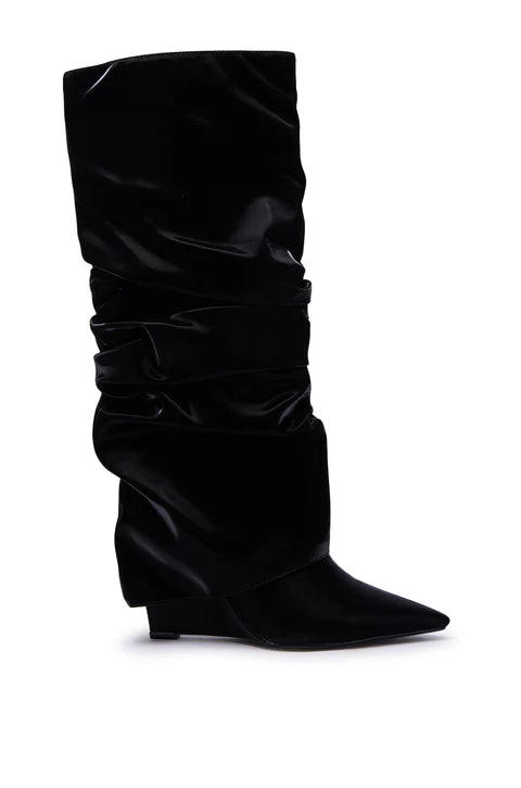 PATENT WEDGE RUCHED BOOTS