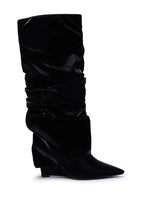 PATENT WEDGE RUCHED BOOTS