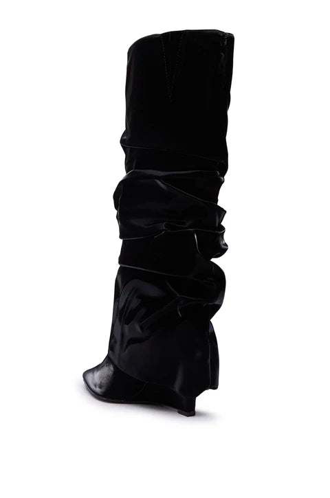 PATENT WEDGE RUCHED BOOTS