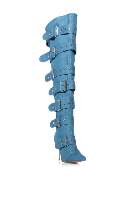 Denim Buckle High Boot