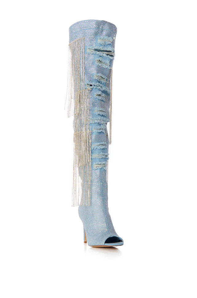 DENIM RHINESTONE TOE BOOTS