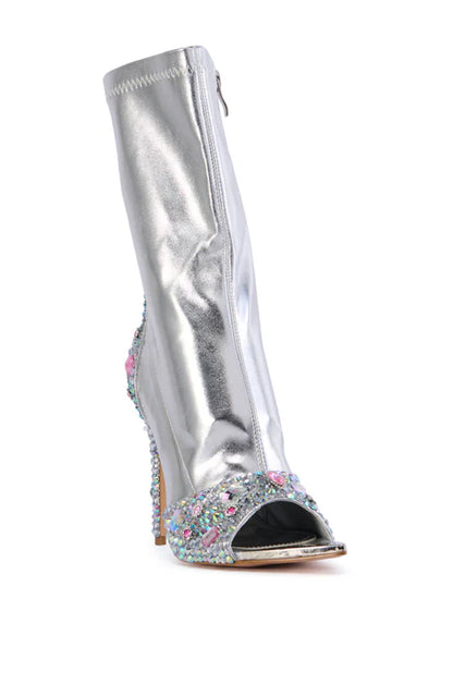 Metallic Rhnestone Peep Toe Bootie