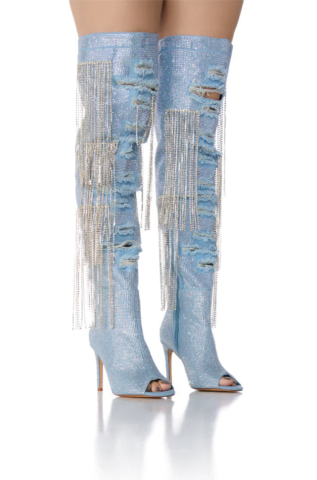 DENIM RHINESTONE TOE BOOTS