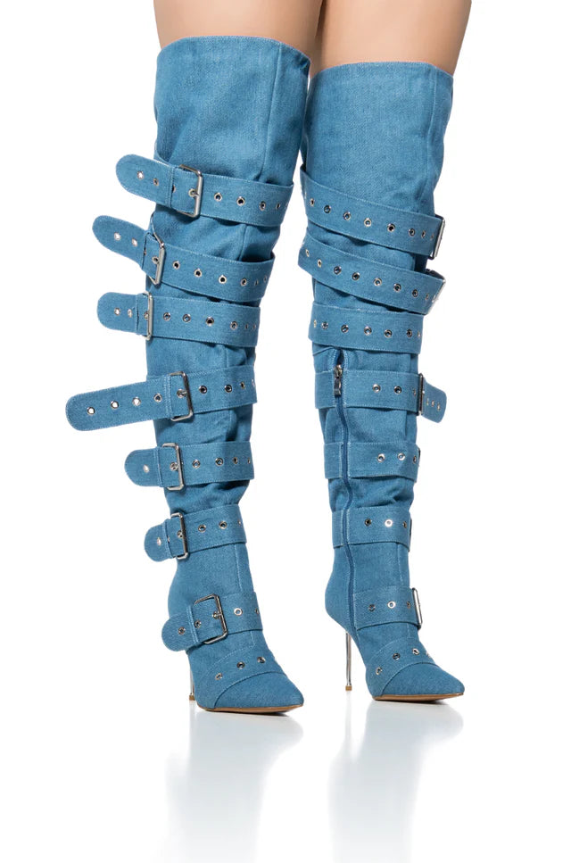 Denim Buckle High Boot