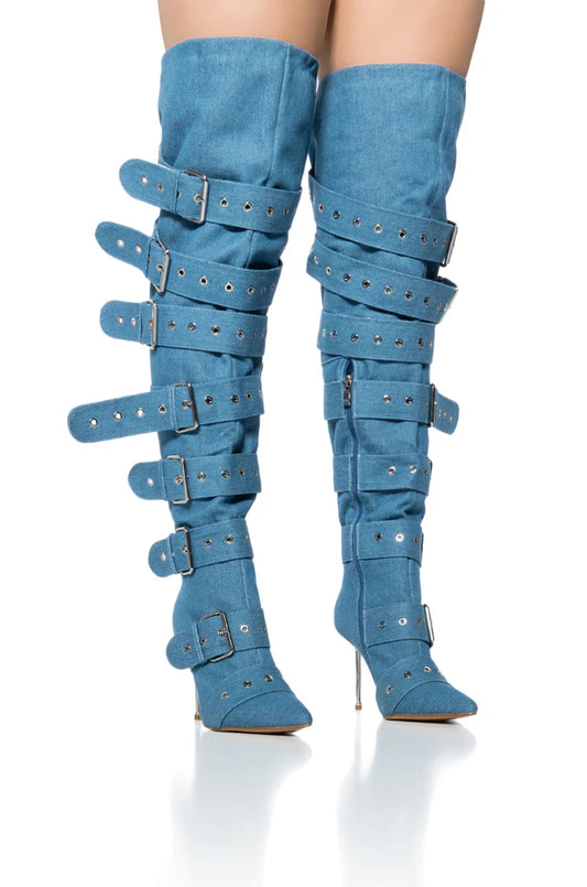 Denim Buckle High Boot