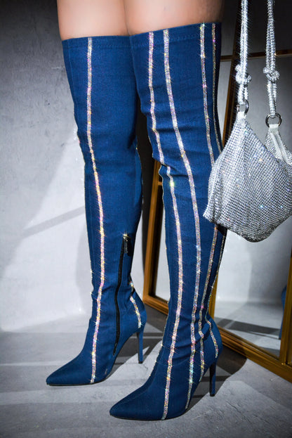 Demin Rhinestone High Boots