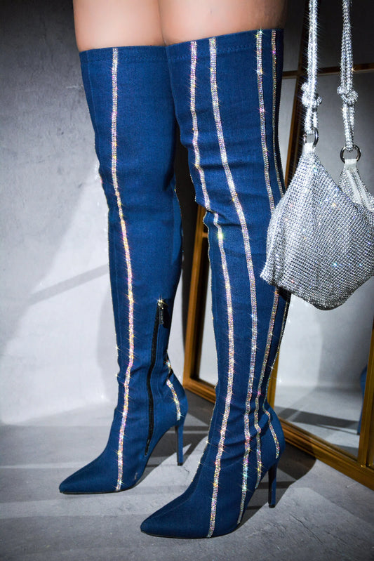 Demin Rhinestone High Boots